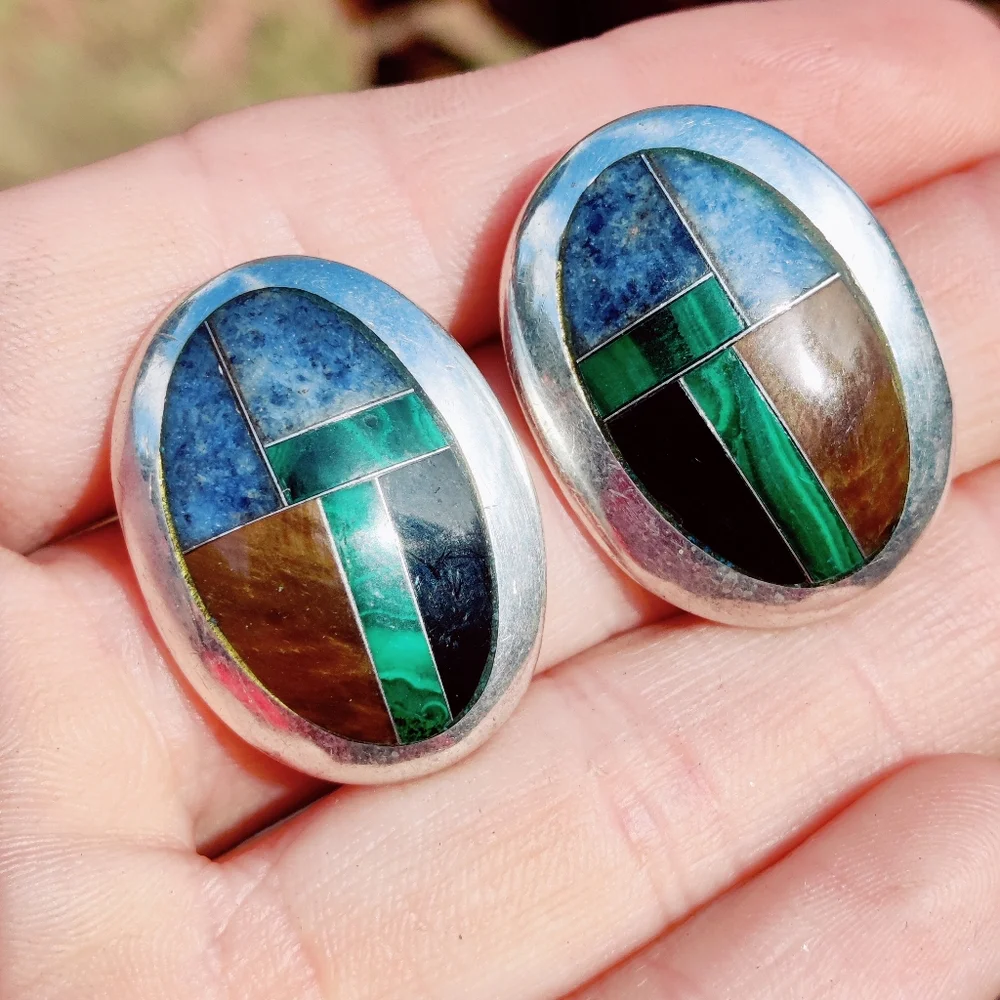 Vintage heavy 950 fine silver Mosaic taxco signed stone earrings - Picture 14 of 15